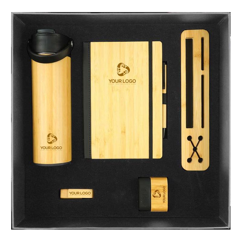 Black Cardboard Gift Box With Bamboo Notebook, Bamboo Pen, Bamboo Bottle & Bamboo USB Flash Drive.